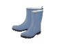 Ein Paar blaue Gummistiefel mit schwarzen Sohlen und weißem Innenfutter