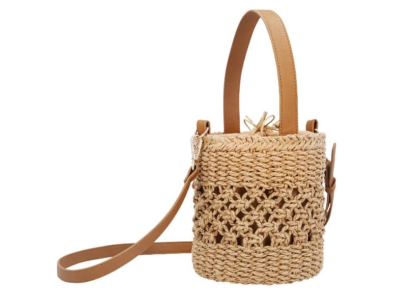 Strohtasche mit hellbraunen Ledergriffen und Riemen