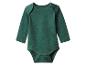 Dunkelgrüner langärmeliger Baby-Body mit Druckknöpfen im Schritt.