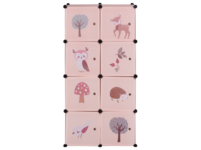 Rosa Kinderkleiderschrank mit Waldtier- und Baumillustrationen