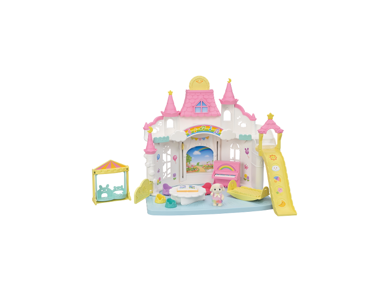 Spielzeugschloss-Spielset mit Rutsche, Schaukel, Klavier, Tisch, Stühlen und Tierfigur