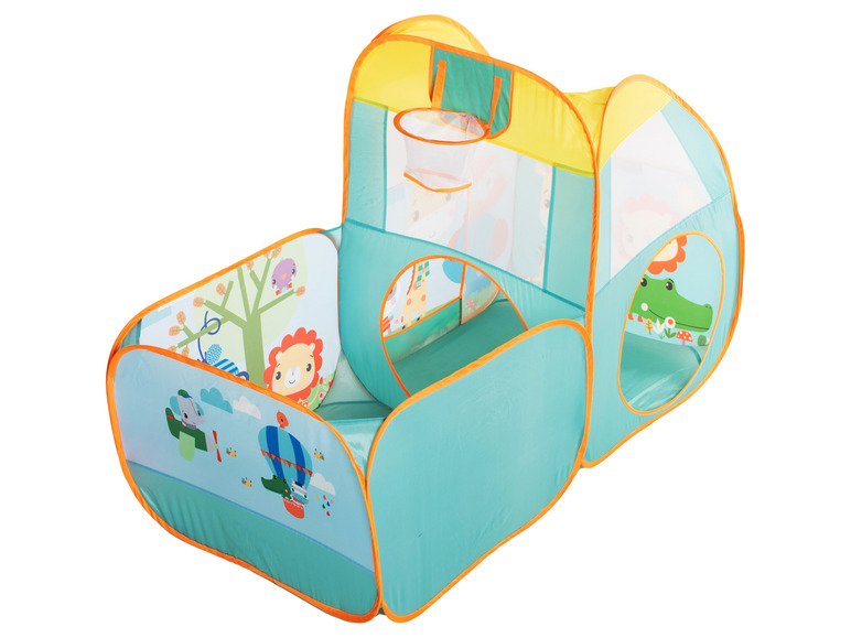 Ein blaues Spielzelt mit Tiermotiven, einem Basketballkorb und Tunneln.