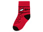 Rote Socke mit Spiderman-Motiv.