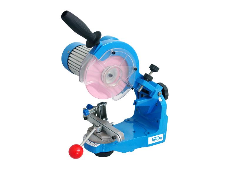 Blauer Güde Elektrokettenschärfer mit rosa Schleifscheibe