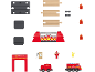 Feuerwehr-Spielzeugset mit Holzschienen, Fahrzeugen und Zubehör.