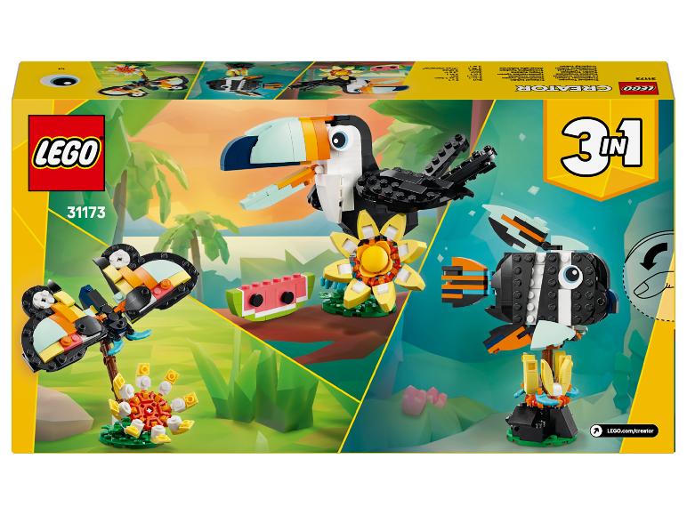 LEGO Creator 3-in-1 Box mit Tukan, Schmetterling und Frosch.