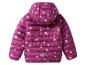 Lila Kinder-Daunenjacke mit Herzen und Kapuze, Rückansicht.