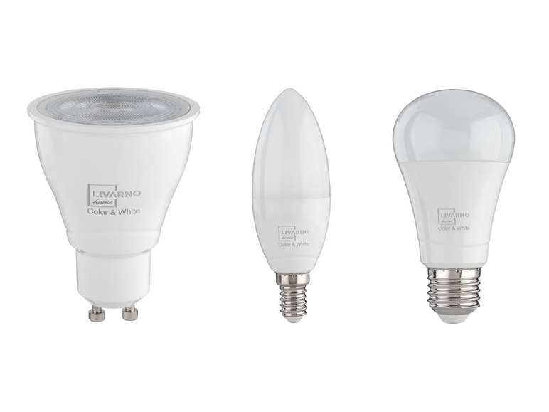 Drei LIVARNO home LED-Lampen: GU10, E14 und E27.