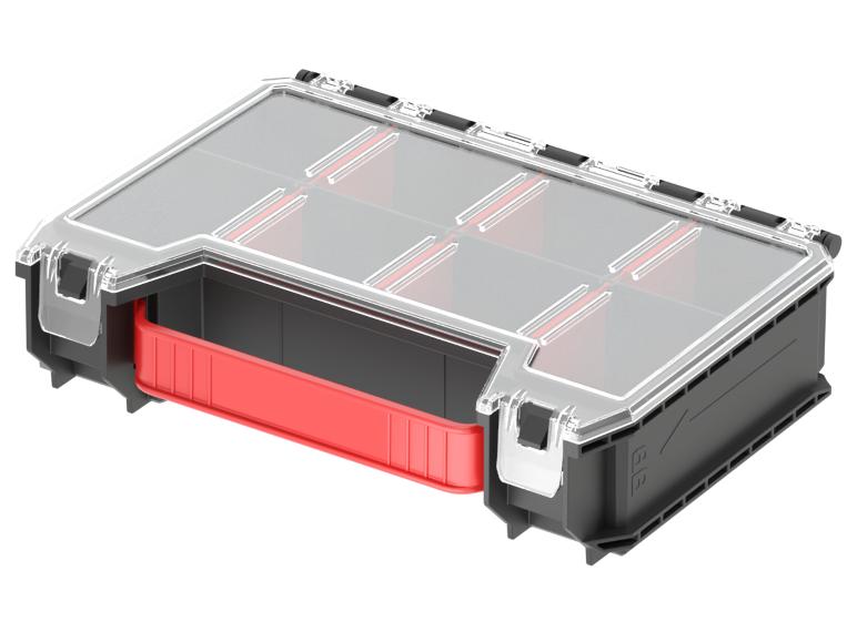 Modulare Organizer-Box mit transparentem Deckel und roten herausnehmbaren Fächern