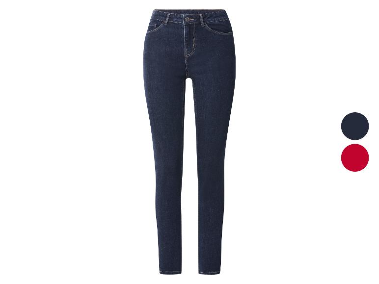 Dunkelblaue High-Waist Skinny Jeans für Damen, mit Farbmustern in Dunkelblau und Rot.