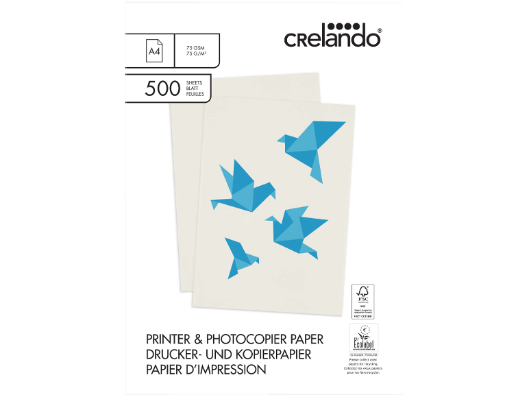 Packung mit 500 Blatt A4 75 g/m² Drucker- und Kopierpapier, mit blauen Origami-Vögeln.