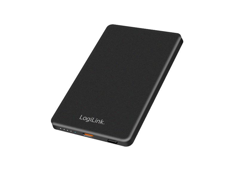 Schwarze Powerbank mit sichtbaren Ladeanschlüssen und LED-Anzeige.
