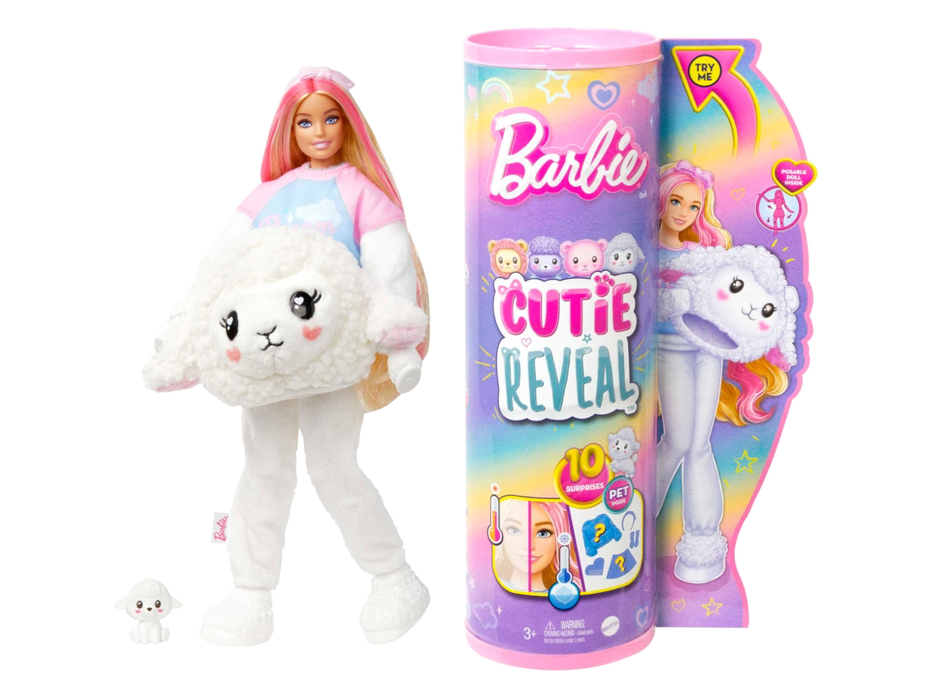 Barbie Puppe (Schaf)““ | ein Zebra, einen Pinguin und einen Dalmatiner. Ihr eigentlich schwarz-weißes Fell begeistert mit tollen Mustern in Regenbogenfarben und verbirgt eine Modepuppe. Unter dem Plüschkostüm kommt eine bewegliche Barbie-Puppe mit langen, bunten Haaren zum Vorschein. Kinder können noch mehr Überraschungen entdecken, darunter einen Rock oder Shorts, ein Paar Schuhe, Ohrringe, einen sternförmigen Kamm und ein passendes Mini-Haustier. Einfach wenden und schon wird aus dem Plüschoberteil eine Fleece-Jacke und aus dem Kostümkopf ein Bett für das Haustier. Eiskaltes Wasser löst den Farbwechseleffekt auf dem Gesicht der Puppe und dem Mini-Haustier aus. Mit warmem Wasser nehmen die Haare der Puppe und das Mini-Haustier wieder die ursprüngliche Farbe an. So ist stundenlanger Spielspaß garantiert. Die süße Barbie Cutie Reveal Color Dream-Reihe bietet Kindern viele niedliche Überraschungen zum Entdecken und Sammeln. Alle Puppen separat erhältlich. Die Puppen können nicht von allein stehen. Abweichungen in Farbe und Gestaltung vorbehalten. Produktmerkmale tabletd Produktart: Barbie Puppe Material: Kunststoff Altersempfehlung: ab 3 Jahren Maße: ca. 19 x 32,5 x 10 cm Gewicht: ca. 400 g Farbe: bunt Batterien erf Teddybär: enthält Barbie Cutie Reveal-Puppe in einem Kostüm 5-teiliges Set und 4 Tüten mit Mini-Haustier, Schwammkamm, 1 Paar Schuhen und 1 Rock Zebra: enthält eine Barbie Cutie Reveal-Puppe der Color Dream-Reihe in einem Kostüm 5-teiliges Set, 1 Mini-Haustier, 1 Kamm, 1 Paar Ohrringe, 1 Paar Schuhe und 1 Paar Shorts Pflegehinweis: – Warnhinweis: Achtung! Nicht für Kinder unter 36 Monaten geeignet““