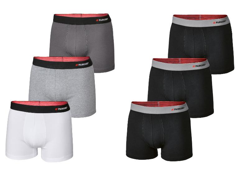 Sechs Herren-Boxershorts von Parkside in Grau, Hellgrau, Weiß und Schwarz.