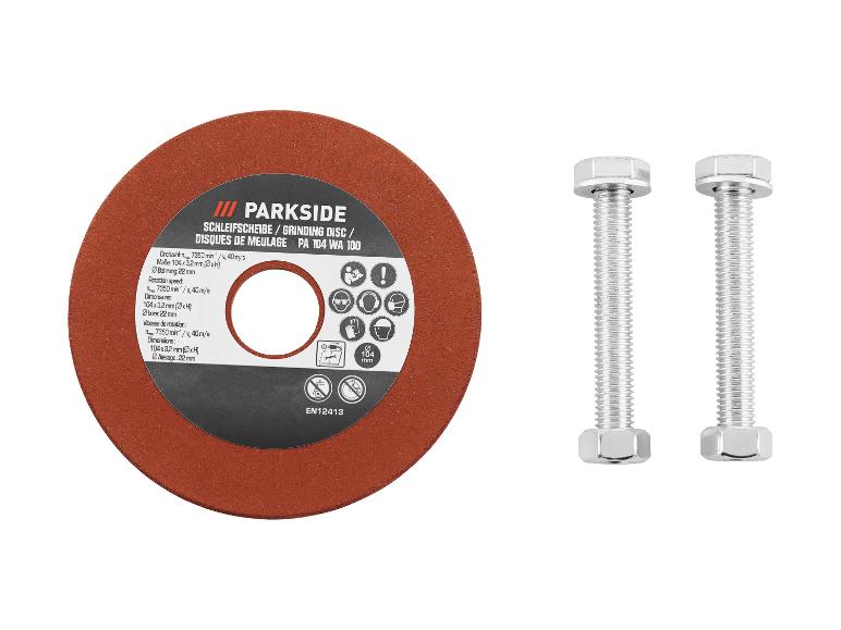 PARKSIDE Schleifscheibe mit zwei Schrauben, zeigt Produktspezifikationen und Sicherheitssymbole.