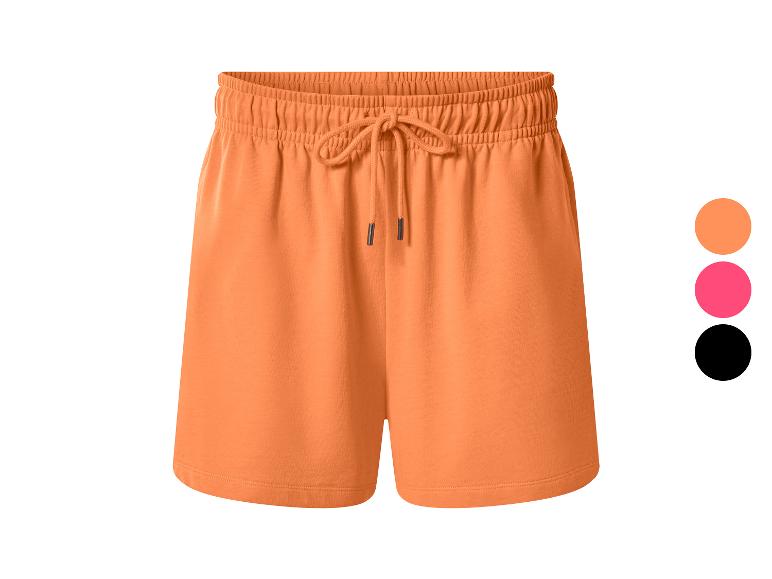 Orangefarbene Damenshorts mit verstellbarem Kordelzug, auch in Pink und Schwarz erhältlich.