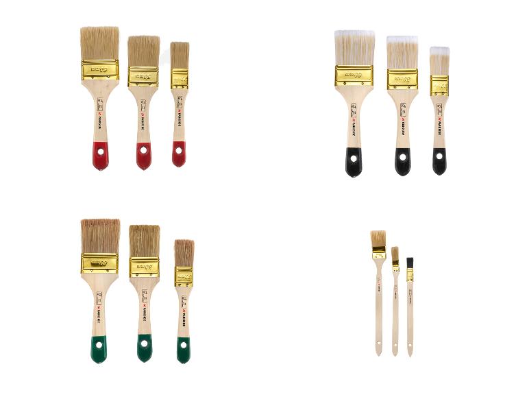 Vier Sets Parkside Malerpinsel in verschiedenen Größen und Farben.