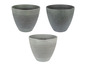 Drei graue Blumentöpfe mit gestreifter Textur.