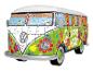 3D-Puzzle in Form eines Volkswagen-Busses, verziert mit bunten Hippie-Motiven.