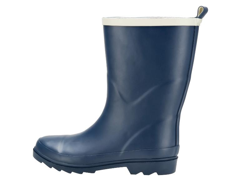 Blauer Gummistiefel mit weißem Rand und Profilsohle