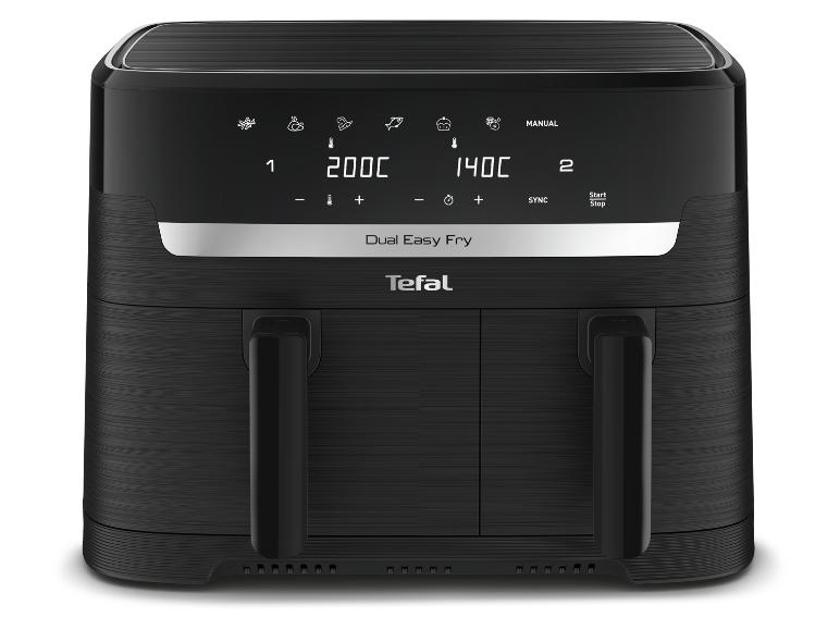 Schwarze Tefal Dual Easy Fry Heißluftfritteuse mit zwei Körben und Digitalanzeige.