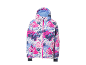 Kinder-Winterjacke mit farbenfrohem abstraktem Druck und rosa Reißverschluss.