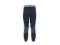 Schwarze und blaue Sportleggings mit strukturierten Mustern und elastischem Bund.