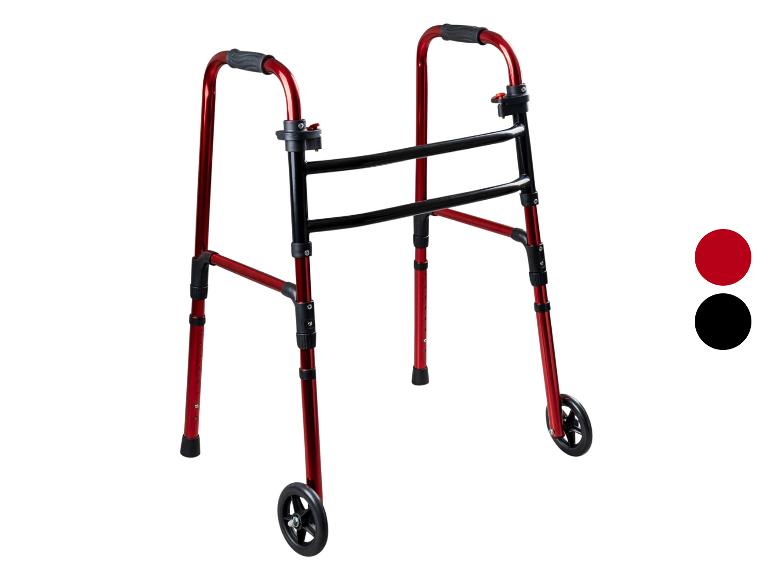 Roter und schwarzer Rollator mit Rädern und verstellbaren Beinen