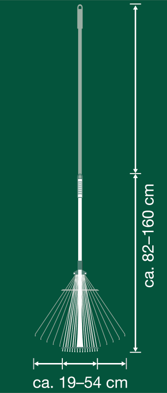 Rechen mit einstellbarer Breite ca. 19-54 cm und Länge ca. 82-160 cm.
