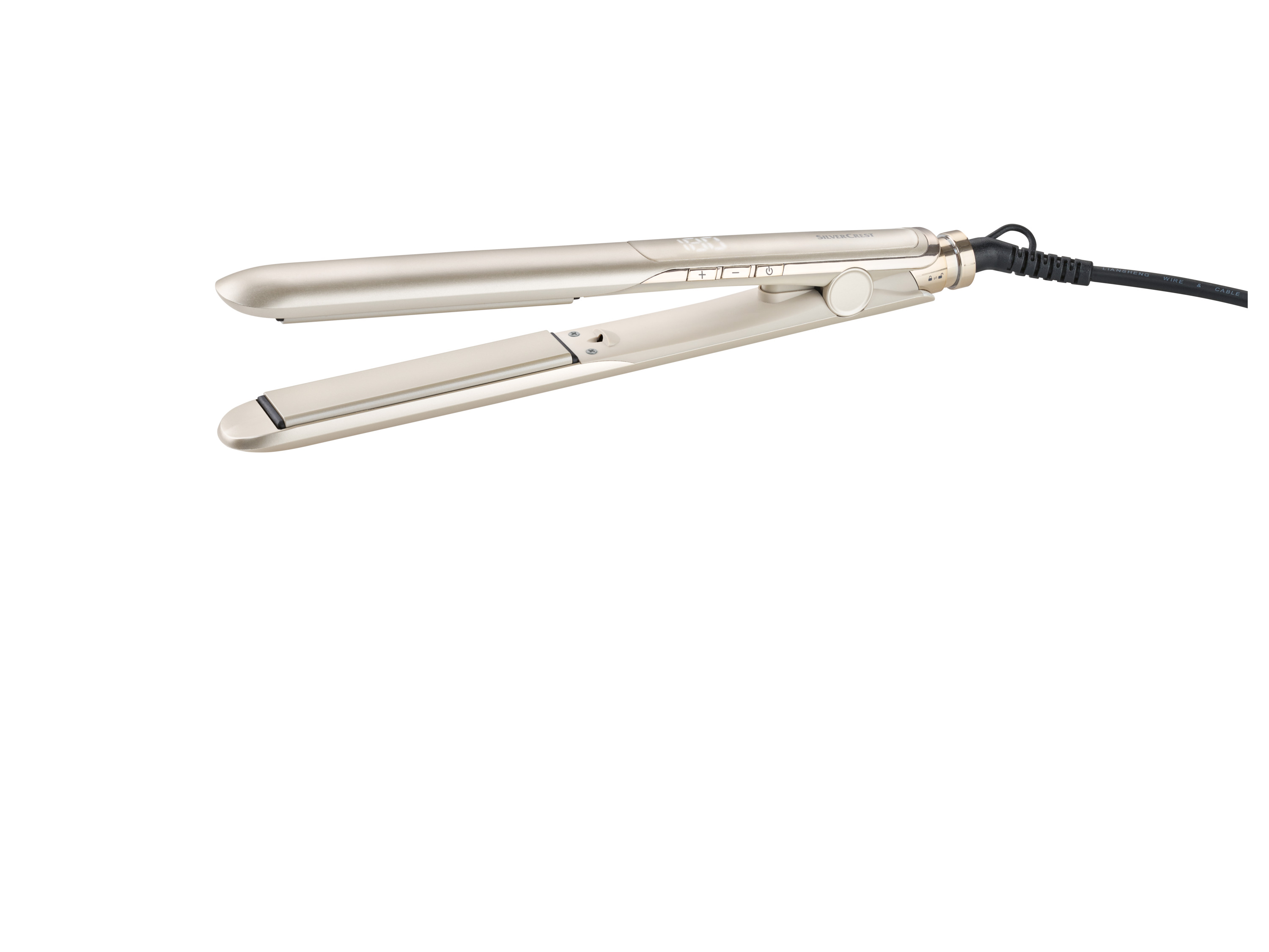 SILVERCREST® PERSONAL CARE Glätteisen, mit Keramik-Keratin-Beschichtung““ | LED-Anzeige Material: Heizplattenbeschichtung: Keramik, Aganbeschichtung Gerät: Kunststoff, Aluminium Netzkabel: Gummi Maße: ca. 297,6 x 30 x 34 mm im geschlossenen Zustand Gewicht: ca. 435 g Lieferumfang: 1x Glätteisen I Memory-Funktion wird nach dem Ausstecken gelöscht.““