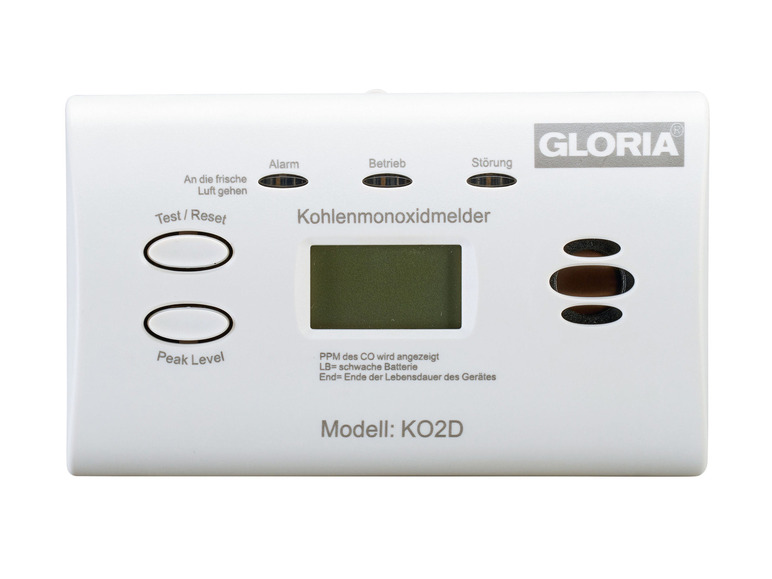 Gloria Kohlenmonoxidmelder mit Testknopf und LCD-Display.