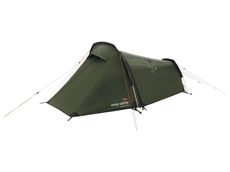 Ein grünes Easy Camp Zelt mit einem fliegenden Vogel Logo.