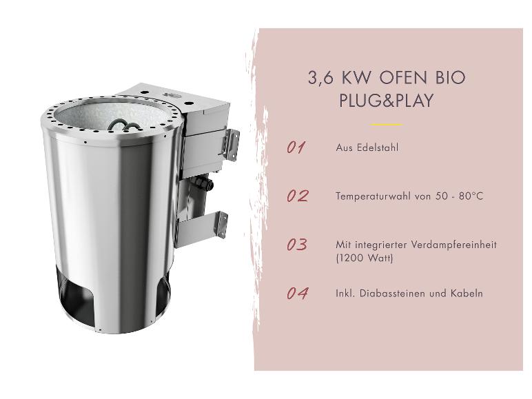3,6 KW Bio Plug&Play Ofen aus Edelstahl mit integrierter Verdampfereinheit und Diabassteinen.