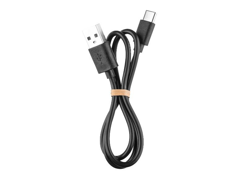 Schwarzes USB-A-zu-USB-C-Kabel mit Gummiband.