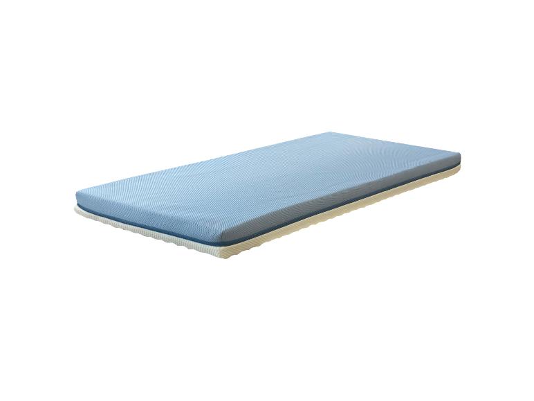 Blaue Matratze mit weißem Unterteil.