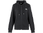 Schwarzer Kapuzenpullover mit Reißverschluss und weißem Logo auf der Brust.