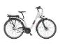 Weißes Elektrofahrrad mit Gepäckträger und Akku, Seitenansicht.