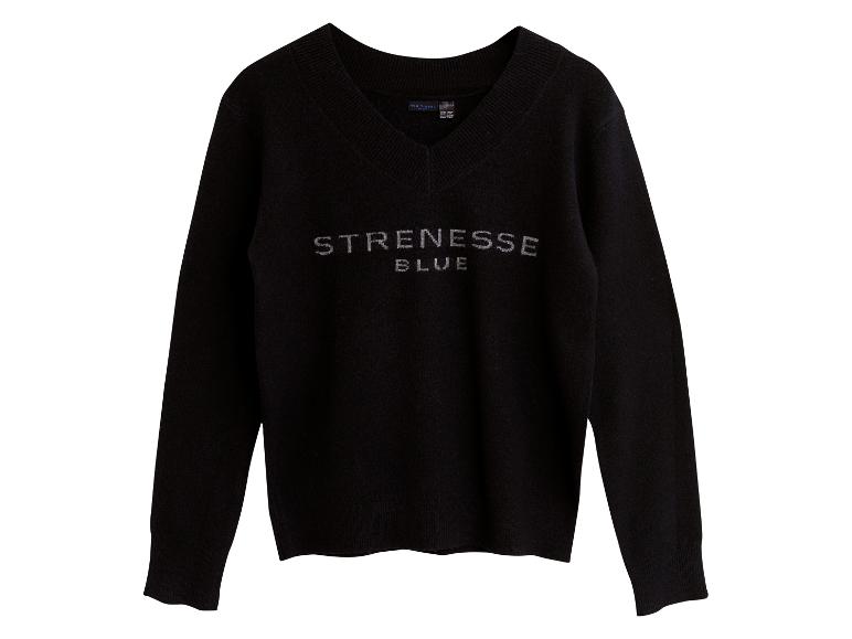 Schwarzer V-Ausschnitt-Pullover mit gesticktem „STRENESSE BLUE“-Logo.