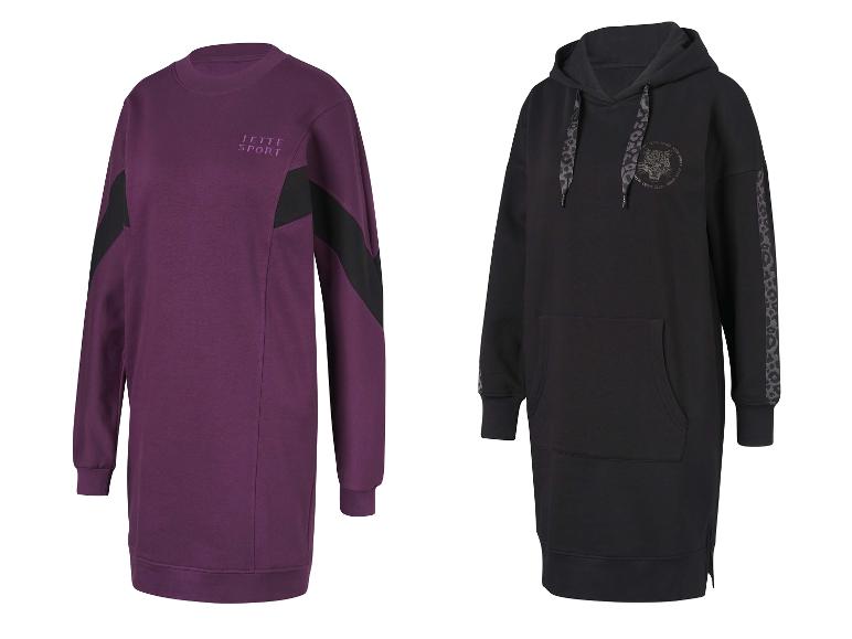 Zwei Jette Sport Kleider: ein lilafarbenes mit schwarzen Details und ein schwarzes Hoodie mit Leopardenmuster.