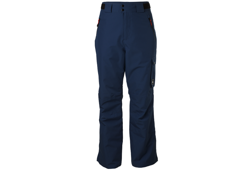 Dunkelblaue Skihose mit Taschen und roten Reißverschlüssen.
