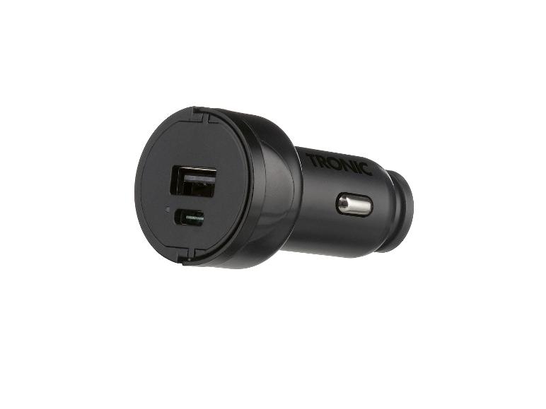 Schwarzes Autoladegerät mit USB-A- und USB-C-Anschlüssen