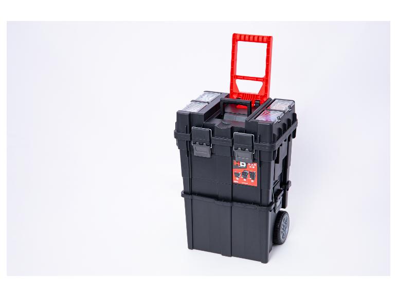 Schwarzer Rollwerkzeugkasten mit rotem ausziehbarem Griff auf weißem Hintergrund.