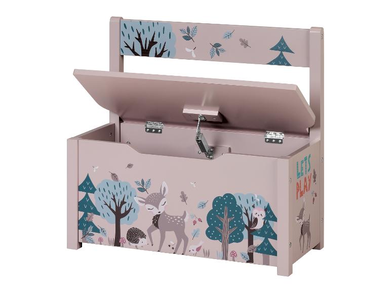 Rosa Spielzeugkiste mit Wald- und Hirschmotiv.