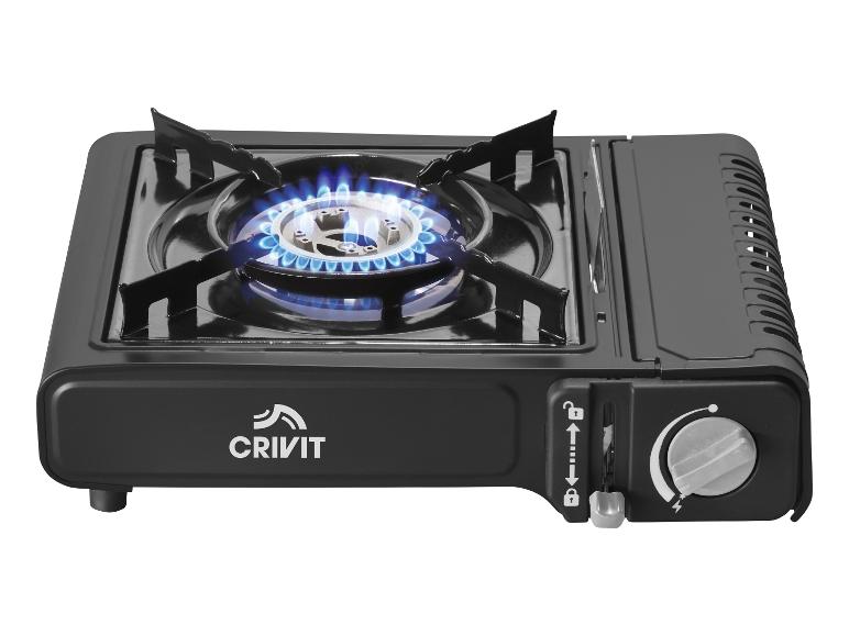 Schwarzer tragbarer Gaskocher mit blauer Flamme und Bedienelementen.