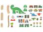 Holzspielset mit Dinosaurier-Thema, inklusive Eisenbahnschienen, Dinosaurierfiguren und Zubehör.