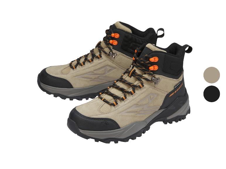 Beige und schwarze Wanderstiefel mit orangefarbenen Schnürsenkeln, mit Farbmustern.