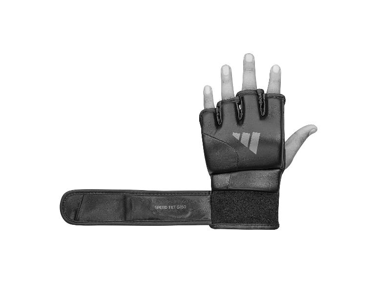 Schwarzer fingerloser Boxhandschuh mit langem Handgelenkriemen.