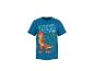 Blaues T-Shirt mit orangefarbenem Dinosaurier und kleiner Figur, Text „STOMP AROUND“.