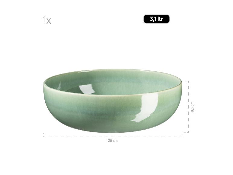 Grüne Schale mit 3,1 Liter Fassungsvermögen, 26 cm breit und 8,5 cm hoch.
