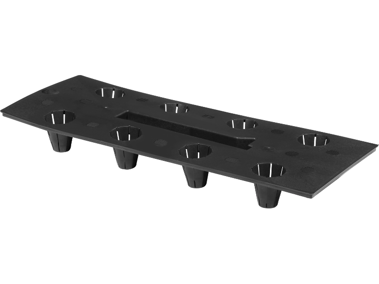 Schwarzes Hydroponik-Anbausystem mit Pflanzlöchern.